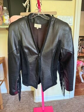 EPIC vintage Cache leather and suede fitted jacket, large shoulder pads & fringe